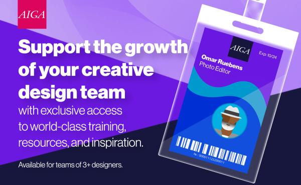 Purple image with AIGA logo and text "Support the growth of your creative design team with access to world-class training, resources, and inspiration. Available for teams of 3+ designers."