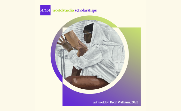The words AIGA Worldstudio Scholarships on a cream colored background with a purple and green gradient square behind featured artwork in a circle by Brea' Williams, 2022.