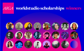 The words AIGA Worldstudio Scholarship Winners at the top of the image with self portraits of winners displayed in three rows - Large 1600px image
