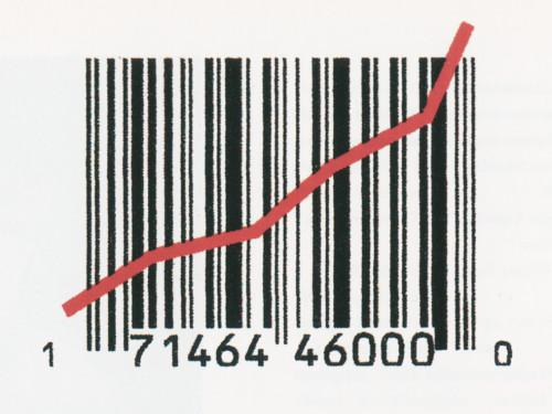 Results Marketing Logo, 1994. A barcode with a red line indicating a growth in sales