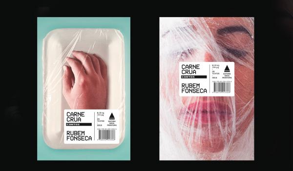 The front cover and back cover of a book with a hand anda face in a meat package with a bar code across it.