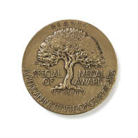 Back image of the AIGA Medal; a tree rooted in the word Utility and branching into the word Beauty. The words Special Medal of Award American Institute of Graphic Arts also appear on the Medal.