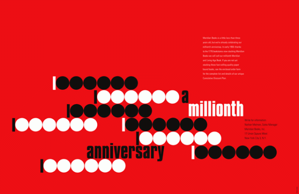 "Millionth Anniversary" announcement, Meridian Books. Design by Elaine Lustig Cohen, 1958